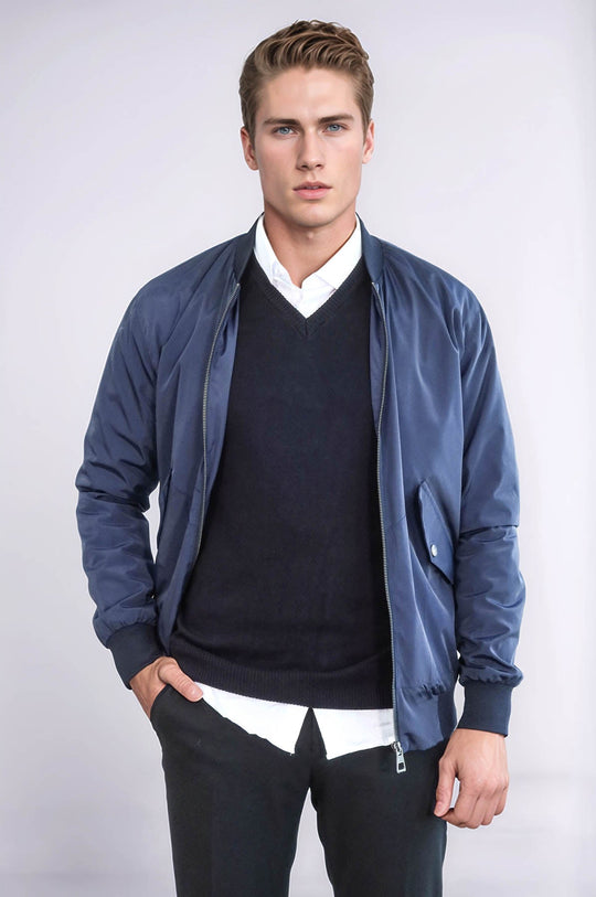 Abrigo Bomber Hombre Azul Con Cremallera Y Bolsillos Con Solapa - Wessi