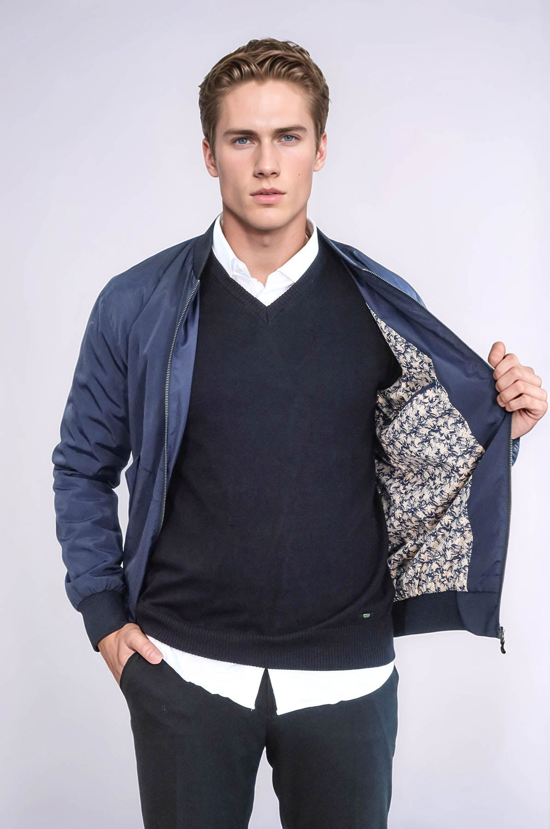 Flap Pockets Zippered Blue Men Bomber Coat - Wessi