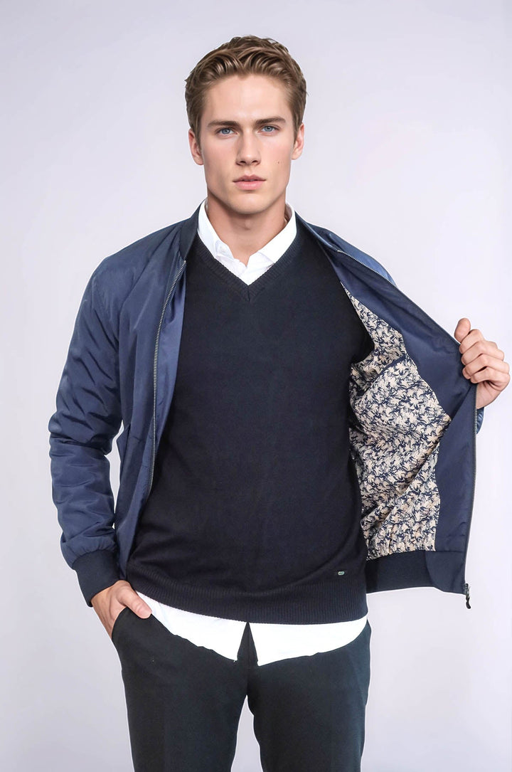 Flap Pockets Zippered Blue Men Bomber Coat - Wessi
