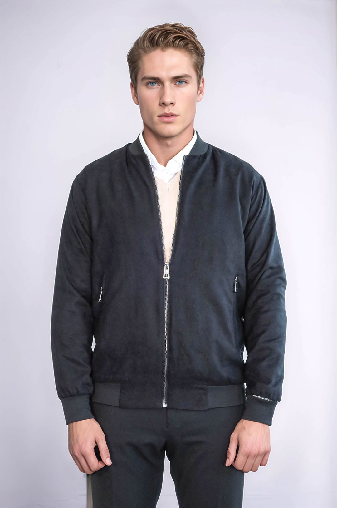 Plain Zippered Pockets Black Men Bomber Coat - Wessi