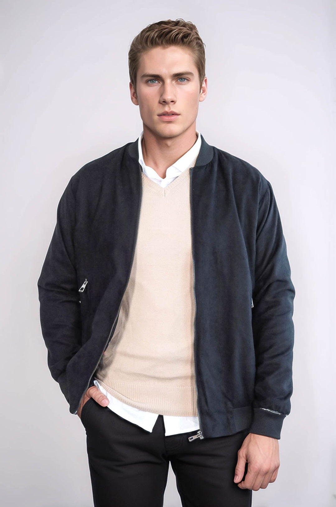 Plain Zippered Pockets Black Men Bomber Coat - Wessi