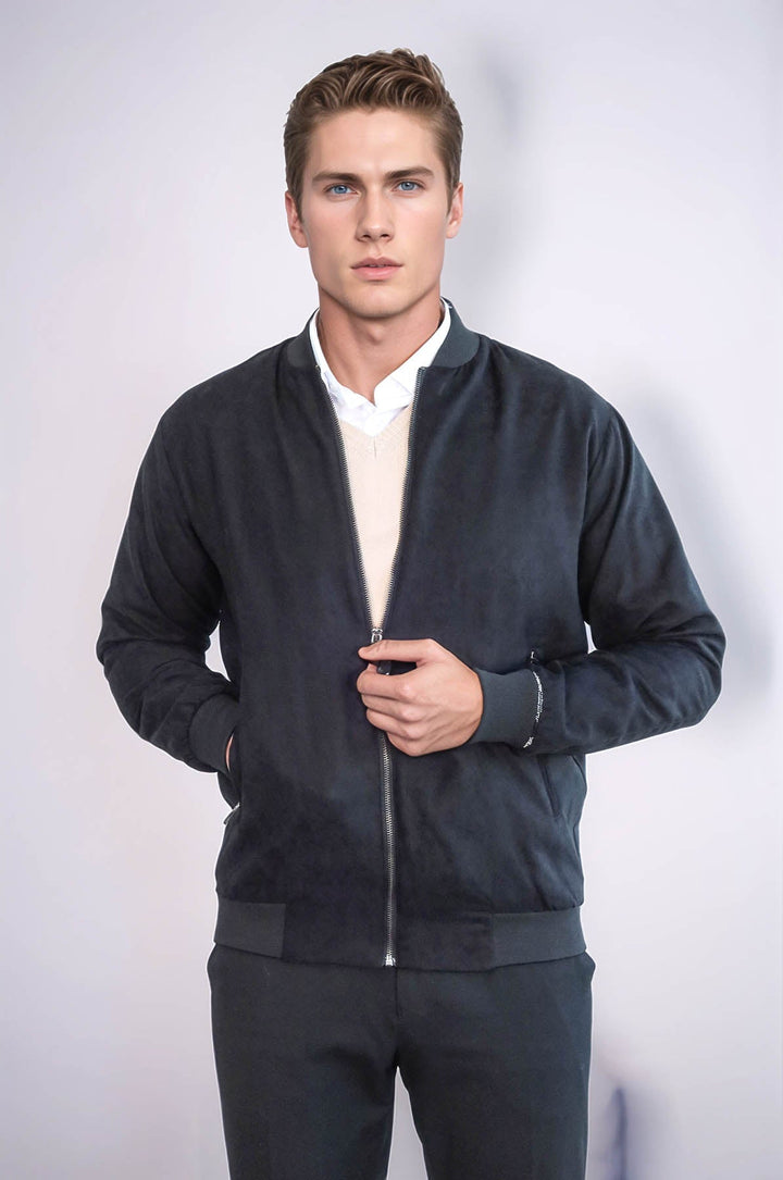 Plain Zippered Pockets Black Men Bomber Coat - Wessi