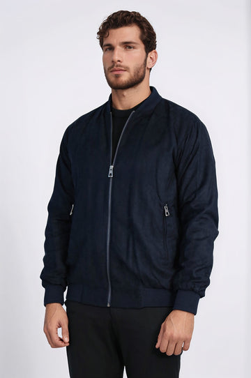 Plain Zippered Pockets Navy Blue Men Bomber Coat - Wessi