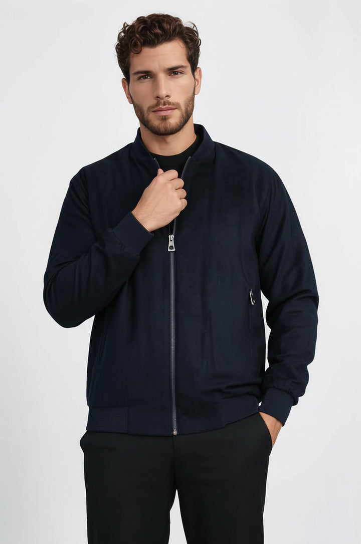 Manteau Bomber Homme Bleu Marine Uni Poches Zippées - Wessi