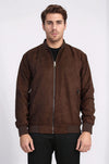 Plain Zippered Pockets Brown Men Bomber Coat - Wessi