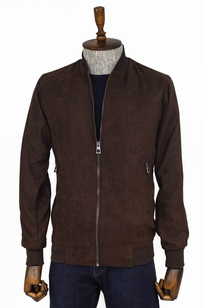 Plain Zippered Pockets Brown Men Bomber Coat - Wessi