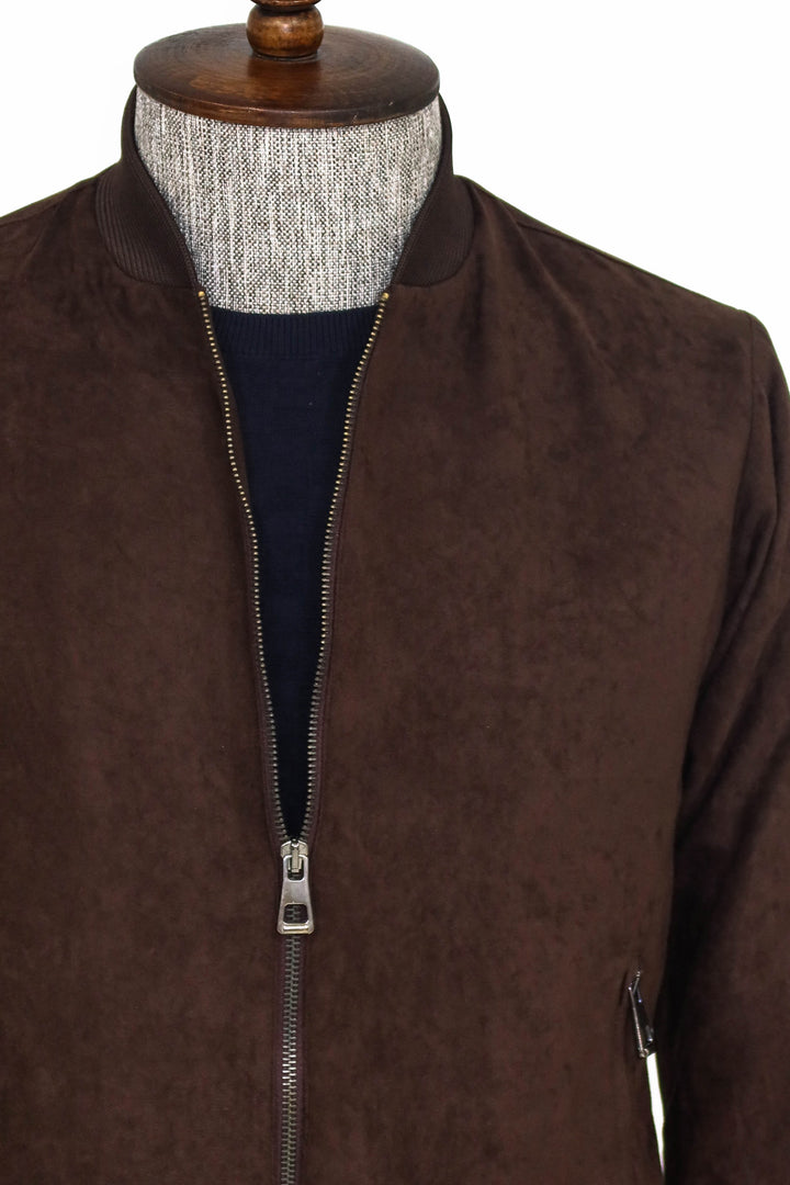 Plain Zippered Pockets Brown Men Bomber Coat - Wessi