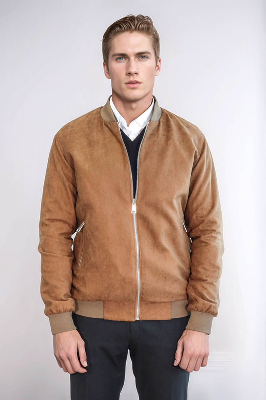 Plain Zippered Pockets Tan Men Bomber Coat - Wessi