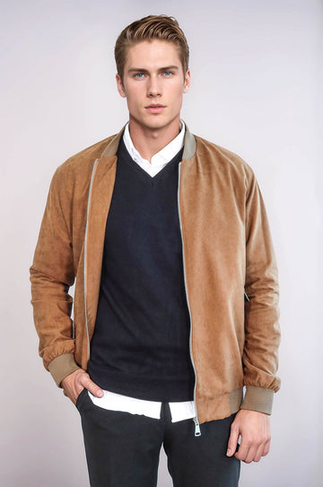 Plain Zippered Pockets Tan Men Bomber Coat - Wessi
