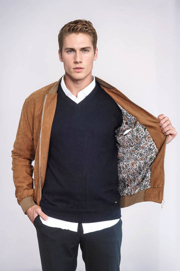 Plain Zippered Pockets Tan Men Bomber Coat - Wessi