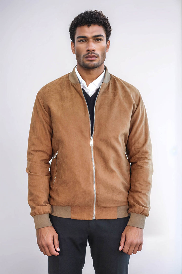 Cappotto bomber da uomo marrone chiaro con tasche con cerniera semplici - Wessi