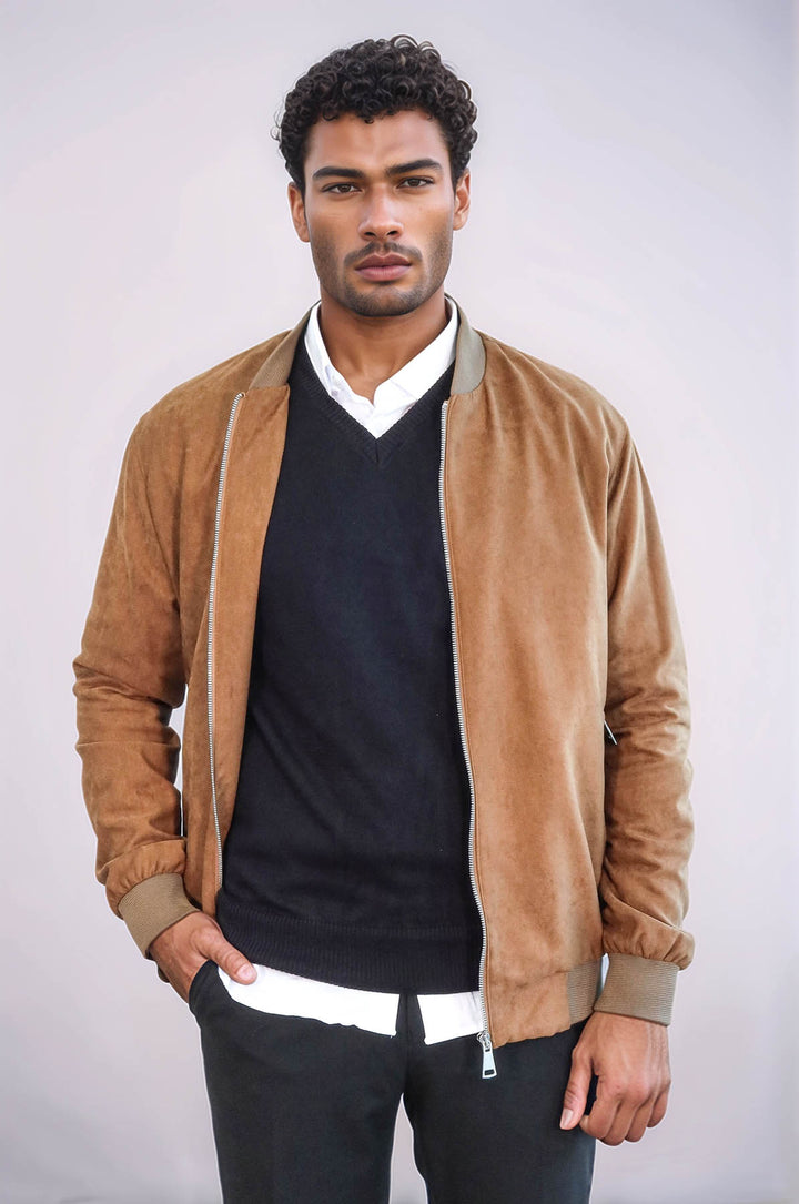 Cappotto bomber da uomo marrone chiaro con tasche con cerniera semplici - Wessi