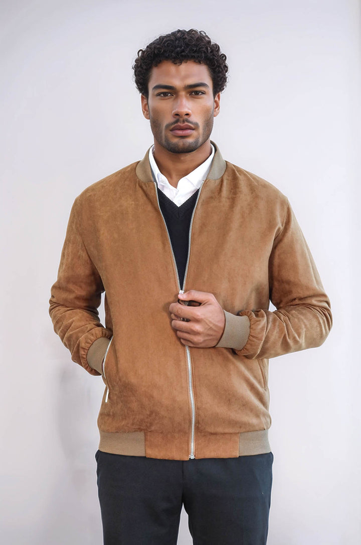 Cappotto bomber da uomo marrone chiaro con tasche con cerniera semplici - Wessi
