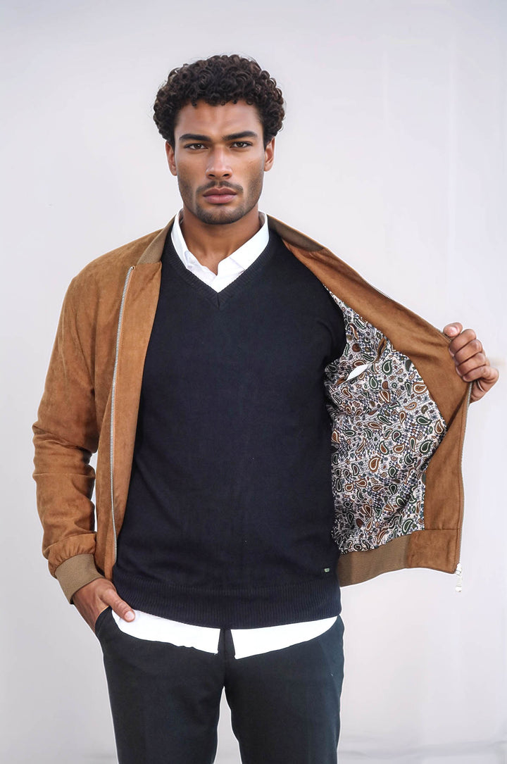 Cappotto bomber da uomo marrone chiaro con tasche con cerniera semplici - Wessi