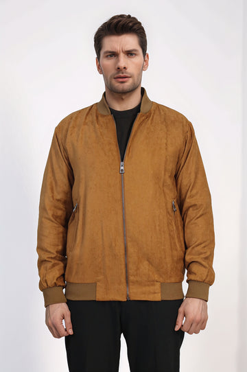 Tan Bomber Jacket, Black Sweater, Black Pants Outfit - Wessi - Casual Elegance