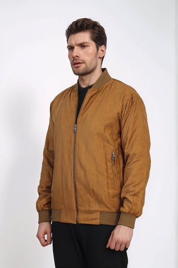 Tan Bomber Jacket, Black Sweater, Black Pants Outfit - Wessi - Casual Elegance