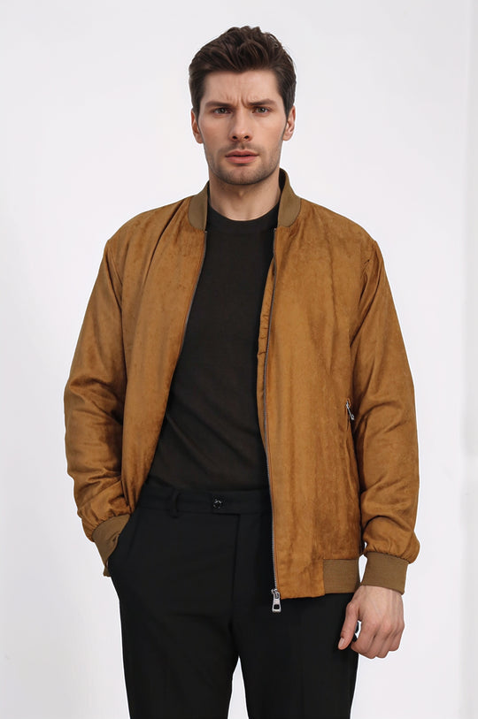 Tan Bomber Jacket, Black Sweater, Black Pants Outfit - Wessi - Casual Elegance