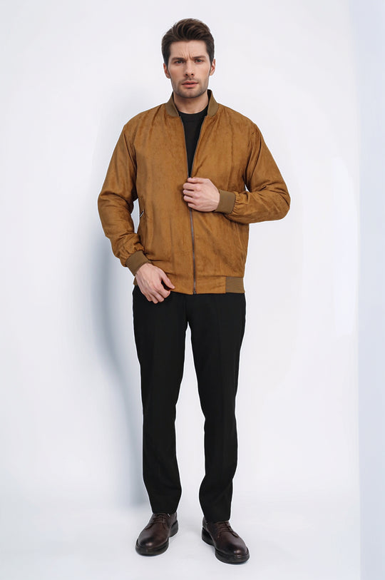 Tan Bomber Jacket, Black Sweater, Black Pants Outfit - Wessi - Casual Elegance