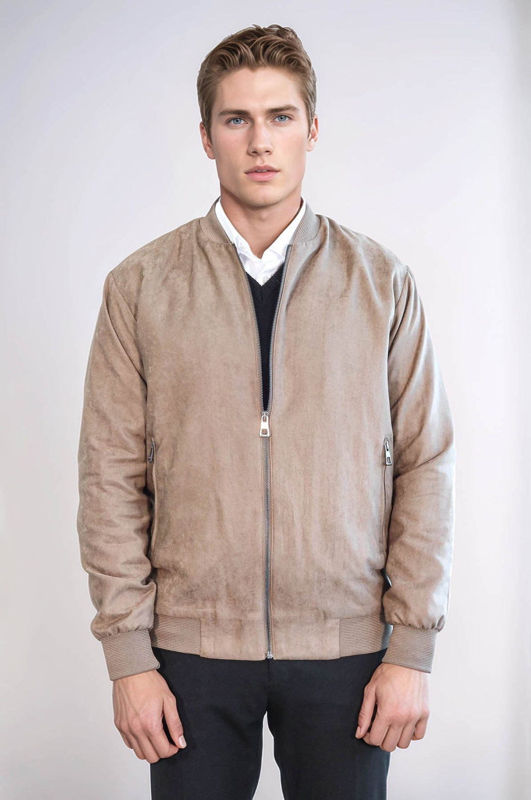 Manteau Bomber Homme Crème Uni avec Poches Zippées - Wessi