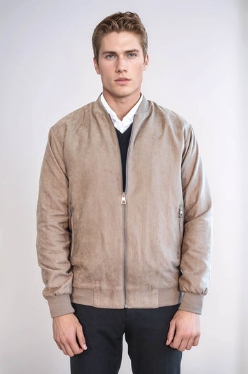 Plain Zippered Pockets Cream Men Bomber Coat - Wessi