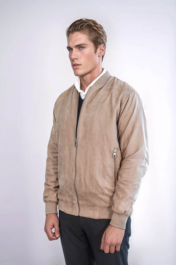 Plain Zippered Pockets Cream Men Bomber Coat - Wessi
