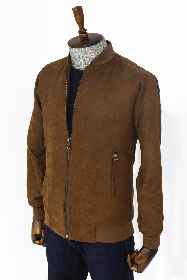 Plain Zippered Pockets Brown Men Bomber Coat - Wessi