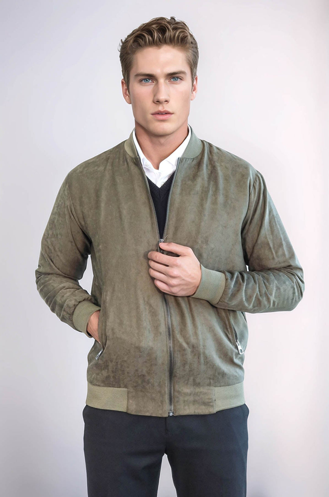 Manteau Bomber Homme Vert Clair Poches Zippées Unies - Wessi
