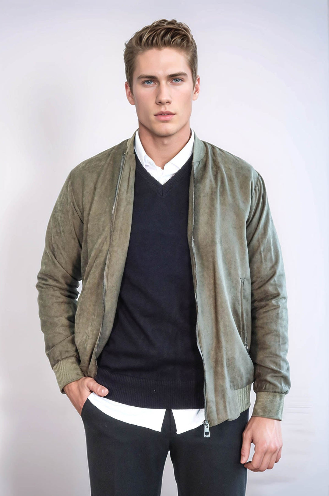 Manteau Bomber Homme Vert Clair Poches Zippées Unies - Wessi