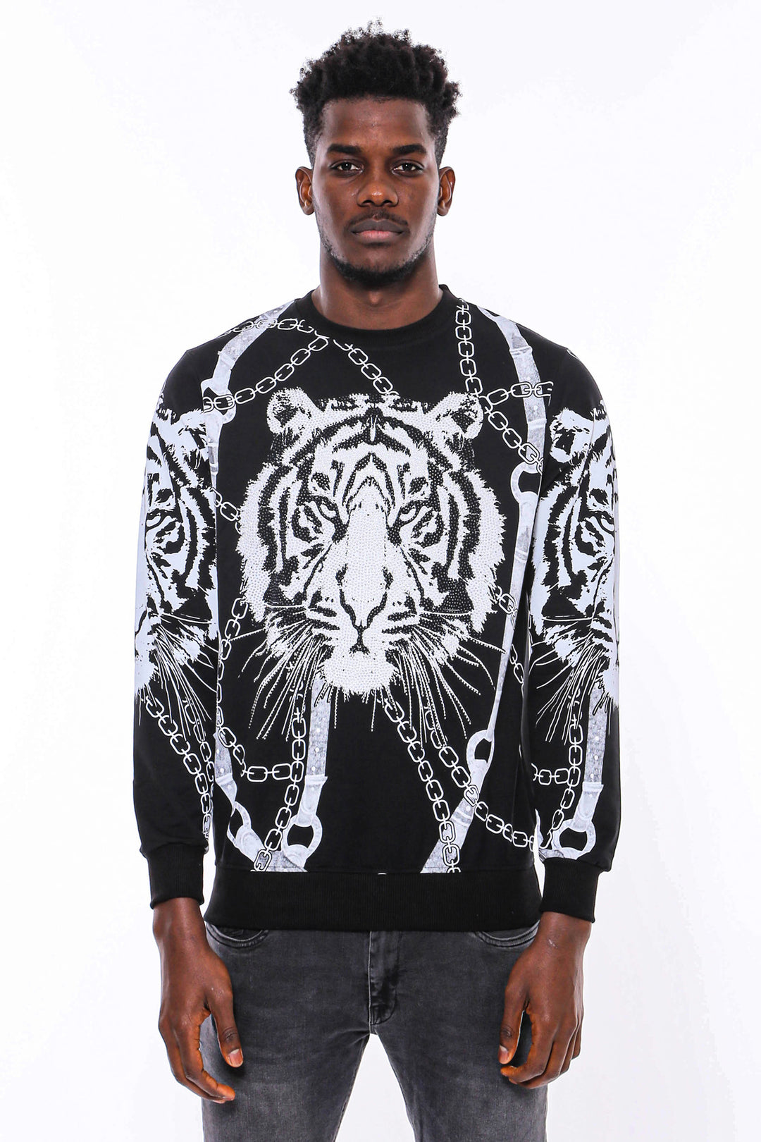Tiger Patterned Slim Fit Black Sweatshirt - Wessi