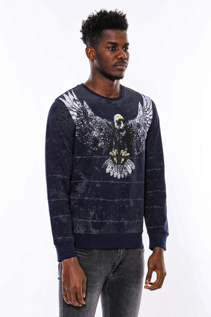 Sudadera Azul Marino Estampado Águila Slim Fit - Wessi