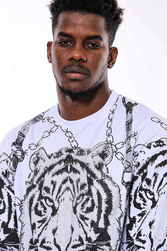 Tiger Patterned Slim Fit White Sweatshirt Tiger Patterned Slim Fit White Sweatshirt - Wessi