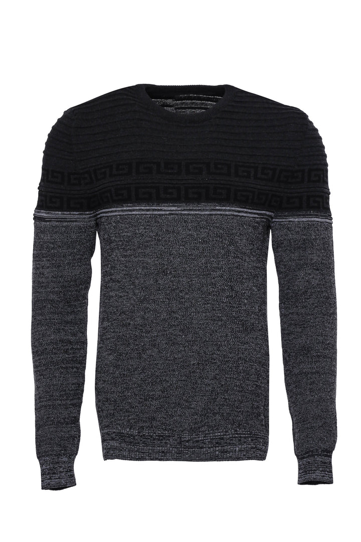 Chest Patterned Circle Neck Grey Men Knitwear - Wessi