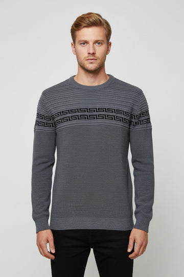 Crew Neck Knitwear Chest Patterned Over Grey - Wessi