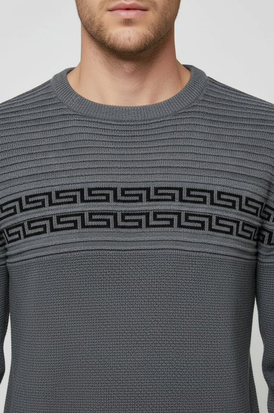 Crew Neck Knitwear Chest Patterned Over Grey - Wessi