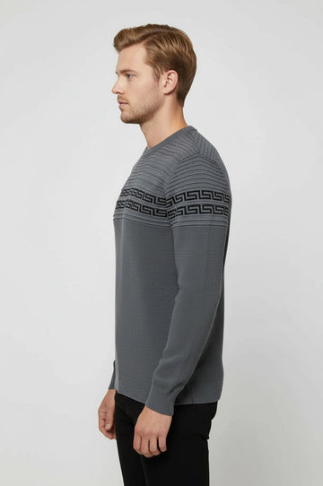 Crew Neck Knitwear Chest Patterned Over Grey - Wessi