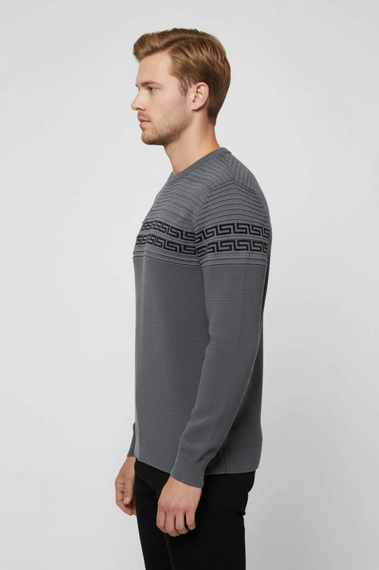 Crew Neck Knitwear Chest Patterned Over Grey - Wessi
