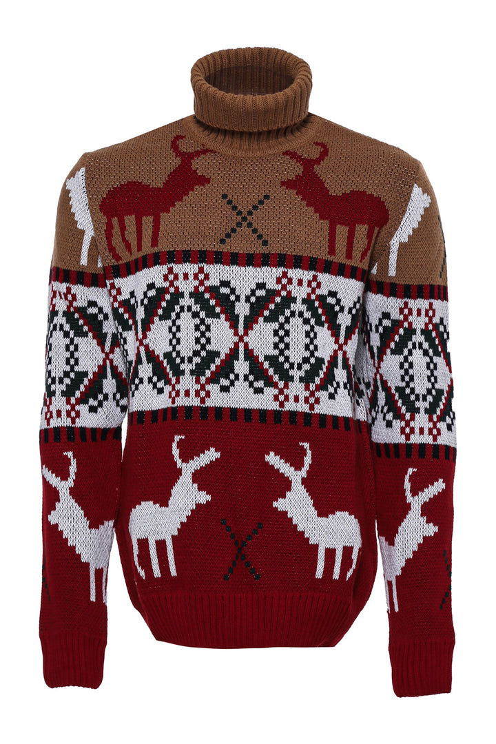 Deer Patterned Christmas Themed Turtleneck Red Beige Men Sweater - Wessi
