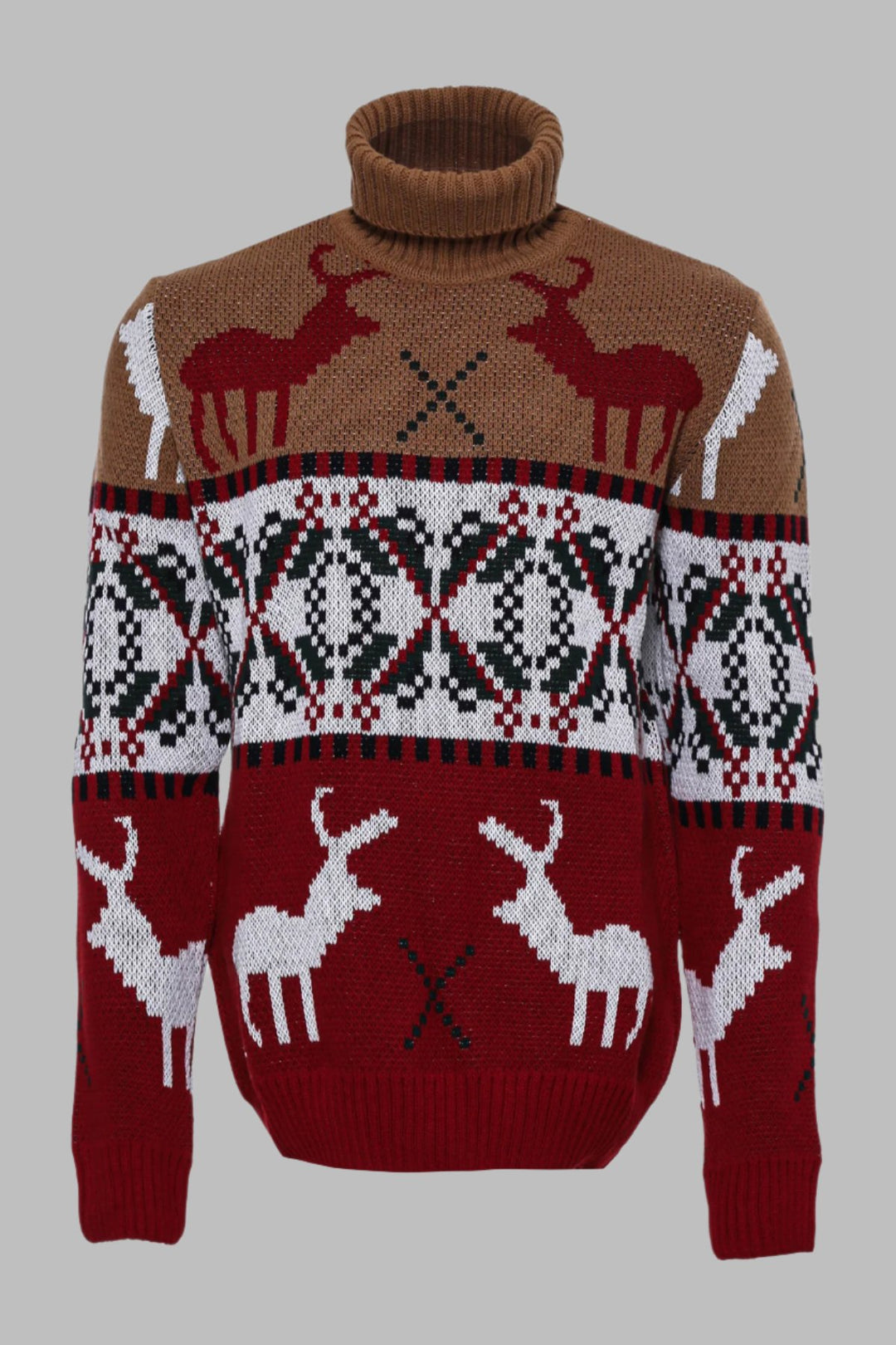 Deer Patterned Christmas Themed Turtleneck Red Beige Men Sweater - Wessi