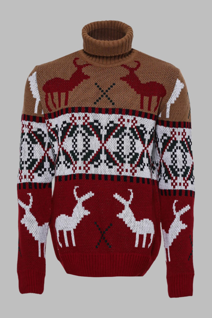 Pull à col roulé pour hommes à motifs de cerfs sur le thème de Noël rouge beige - Wessi