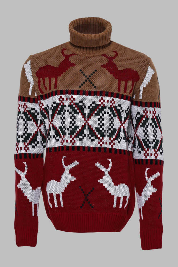 Deer Patterned Christmas Themed Turtleneck Red Beige Men Sweater - Wessi