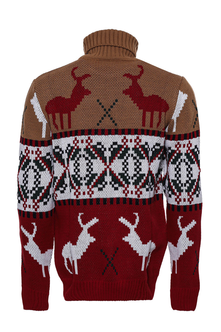 Deer Patterned Christmas Themed Turtleneck Red Beige Men Sweater - Wessi