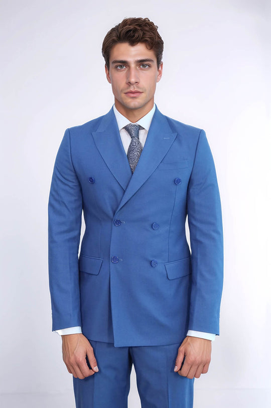Traje Cruzado Hombre Azul Slim Fit A Rayas Con Solapa De Pico Ancha - Wessi