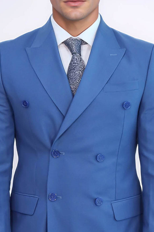 Traje Cruzado Hombre Azul Slim Fit A Rayas Con Solapa De Pico Ancha - Wessi