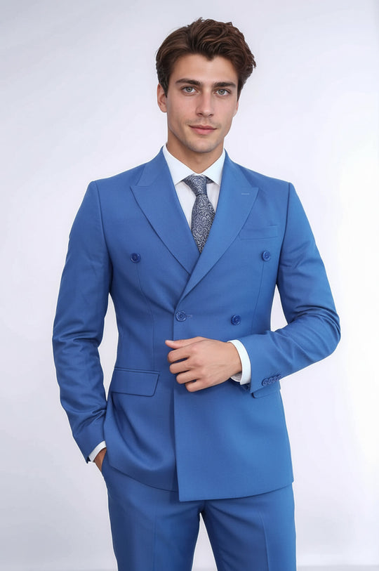 Traje Cruzado Hombre Azul Slim Fit A Rayas Con Solapa De Pico Ancha - Wessi