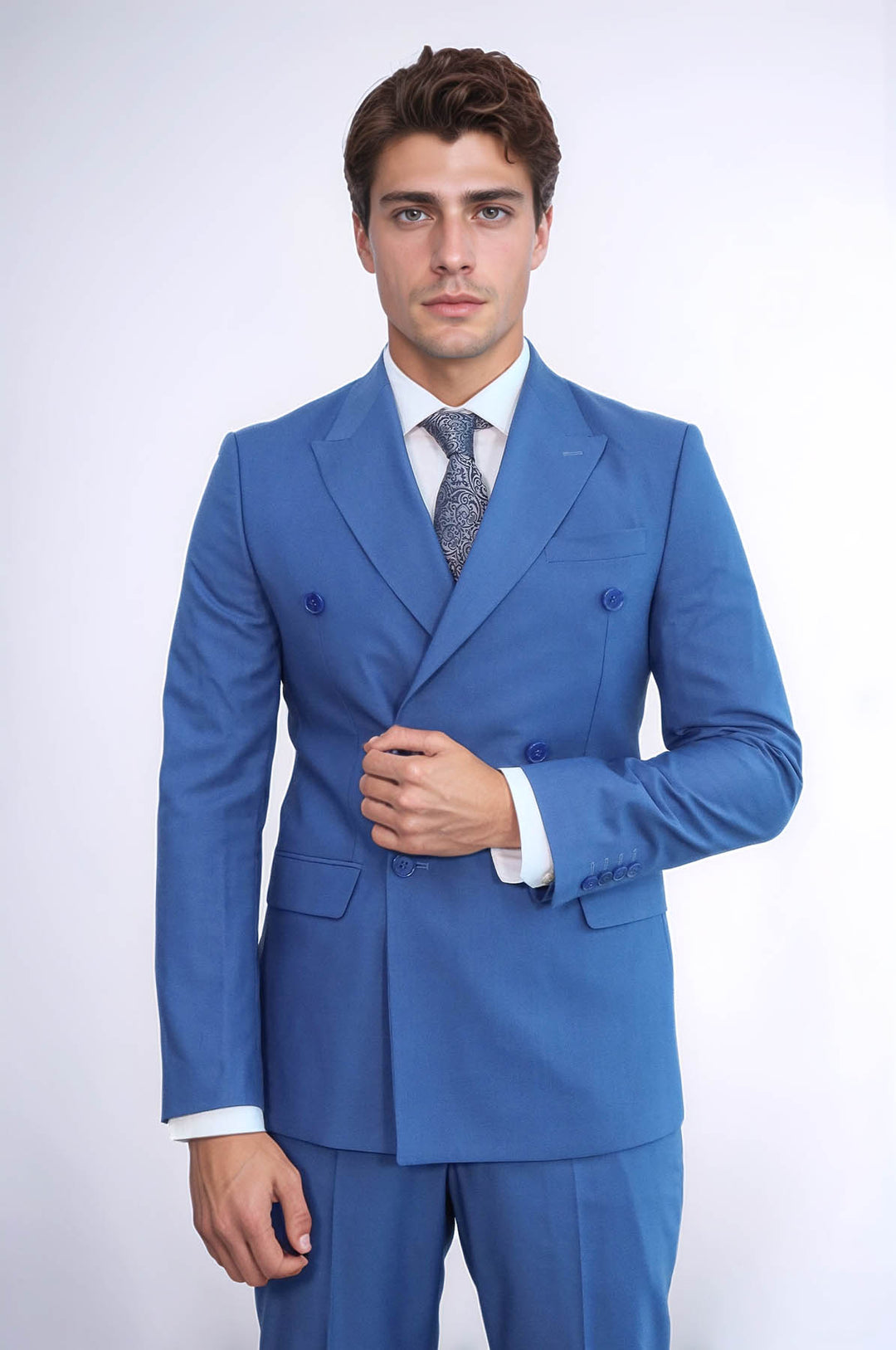 Wide Peak Lapel Striped Slim Fit Blue Men Double-Breasted Suit Wessi