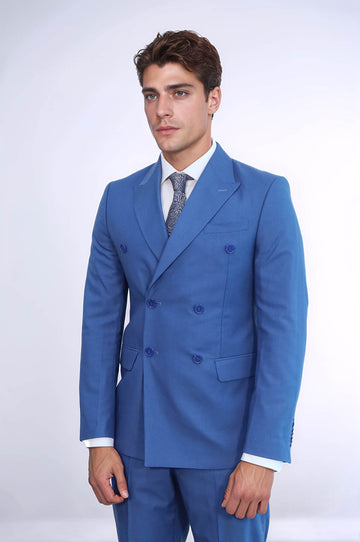Traje Cruzado Hombre Azul Slim Fit A Rayas Con Solapa De Pico Ancha - Wessi