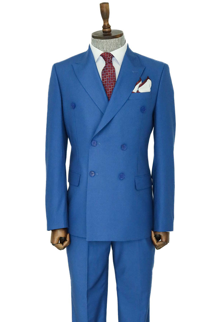 Wide Peak Lapel Striped Slim Fit Blue Men Double-Breasted Suit and Shirt Combination- Wessi