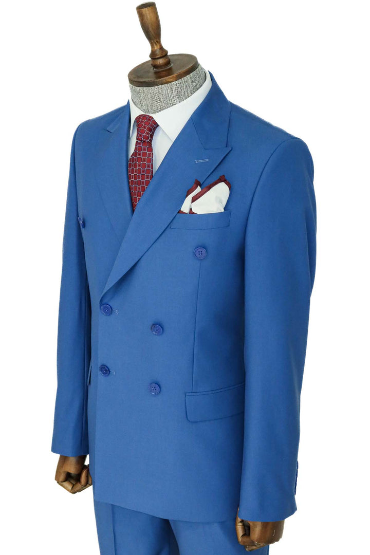 Wide Peak Lapel Striped Slim Fit Blue Men Double-Breasted Suit and Shirt Combination- Wessi
