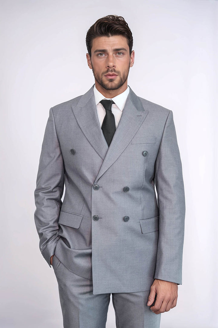 Traje Cruzado Hombre Gris Slim Fit A Rayas Con Solapa De Pico Ancha - Wessi