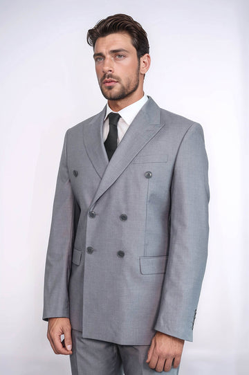 Costume Croisé Homme Gris Coupe Slim Rayé à Revers Large - Wessi